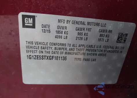 2016 Chevrolet Malibu Lt из США, поврежденный, VIN 1G1ZE5STXGF181136